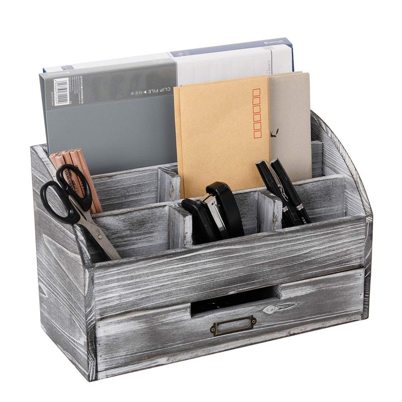 canwedance Distressed Rustic Wooden Office Desk Organizer 5 Compartment with 2 Drawer &Counter Desk Tabletop Desktop Mail Rack, Pens, Notebooks, Folders, Pencils and Office Supplies (grey) - Image 1